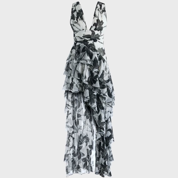 NWT Alice + Olivia Black/white Asymmetric Ruffled Maxi Dress sz 8 - Picture 3 of 11